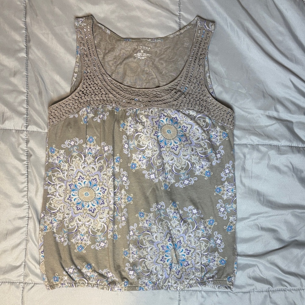 Sonoma Gray and Blue Floral Mandala Pattern Tank Top